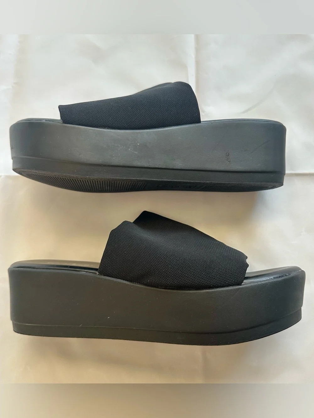 Brash black platform slide sandals, size 7